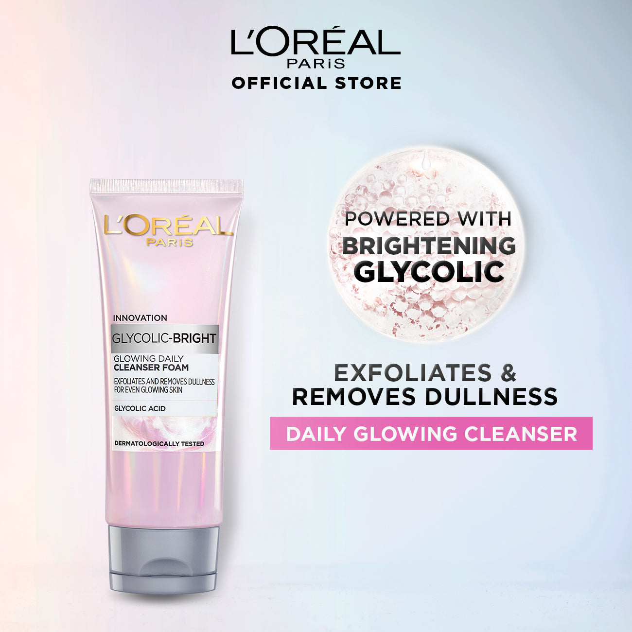 L'Oreal Paris Glycolic Bright Glowing Daily Face Wash 100ml jar close up
