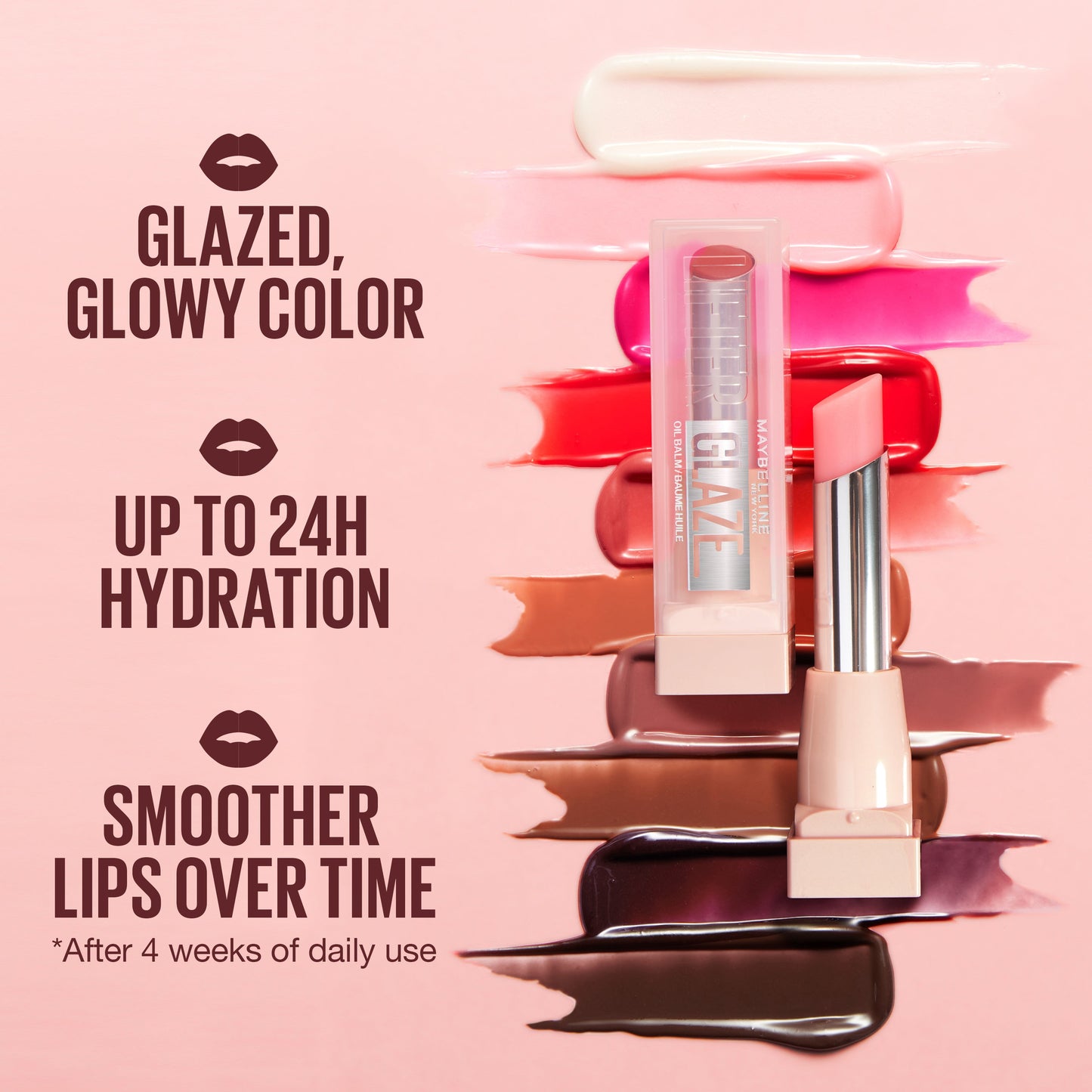 Maybelline Lifter Glaze, Tinted Lip Oil Balm with cherry extract - 24Hr Hydrated Lips texture gel cream