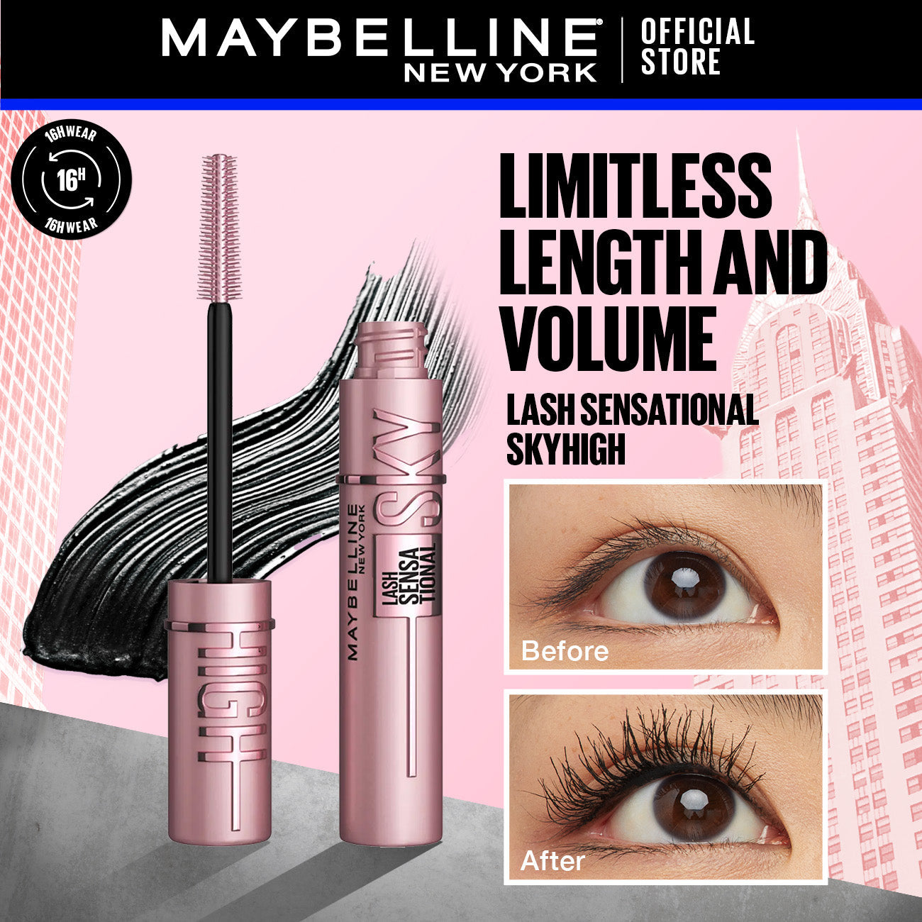 Maybelline New York Lash Sensational Waterproof Sky High Mascara for Limitless Length jar close up