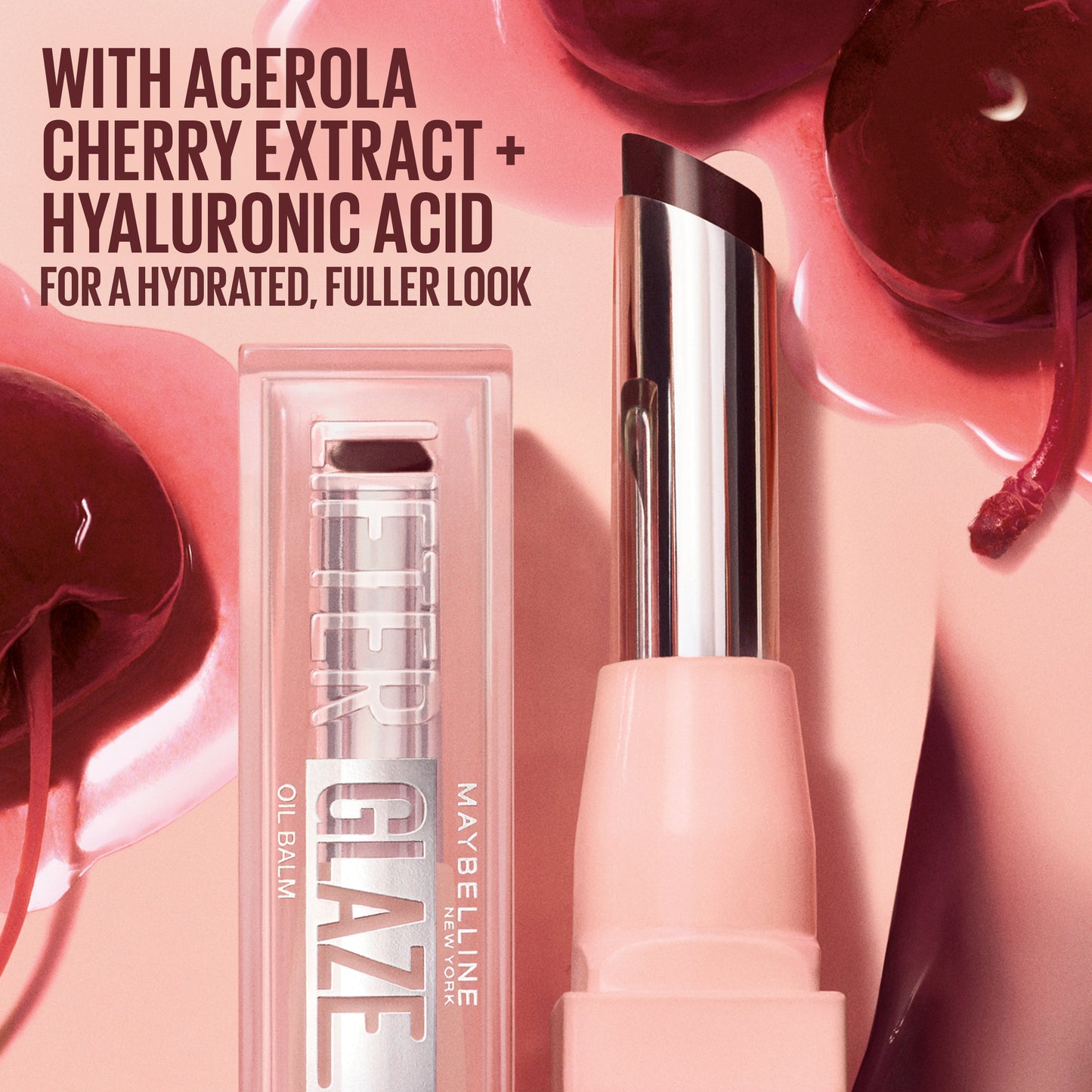 Maybelline Lifter Glaze, Tinted Lip Oil Balm with cherry extract - 24Hr Hydrated Lips jar close up